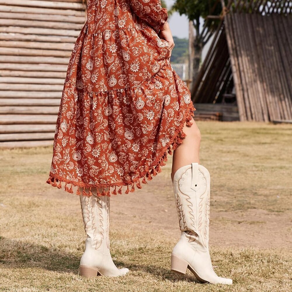 Women's Beige Knee High Cowgirl Boots Retro Embroidered Chunky Heels Pointed Toe - Picture 5 of 6